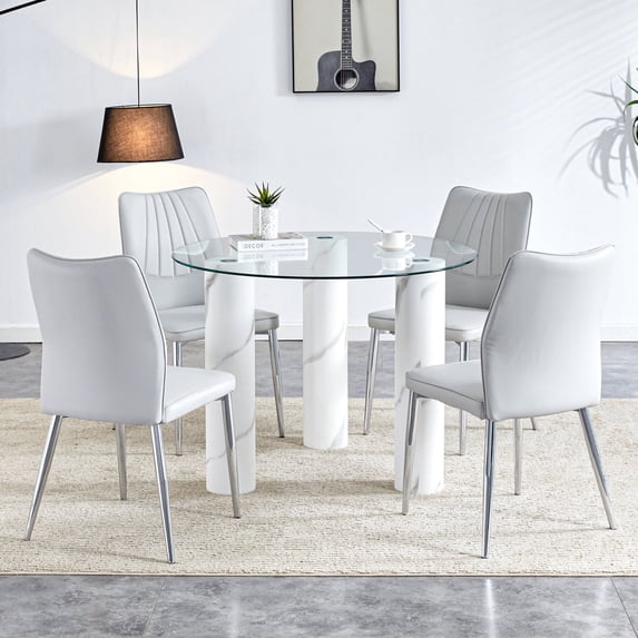 Modern Minimalist Circular Dining Table Set,transparent Tabletop For 6-8 People, 4 Pcs Dining Chairs With White Pu Leather Backrest And Silver Metal Legs ,For Living Room, Dining Room, Kitchen