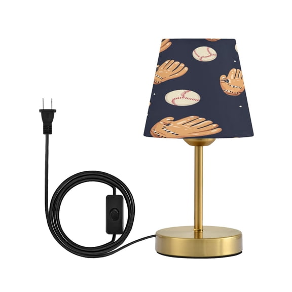 Modern Minimalist Cone Desk Lamp Antique Bronze Base & Linen Shade Bedside Table Lamp for Bedroom Living Room, Office, Dorm Baseball Gloves and Balls Pattern Small