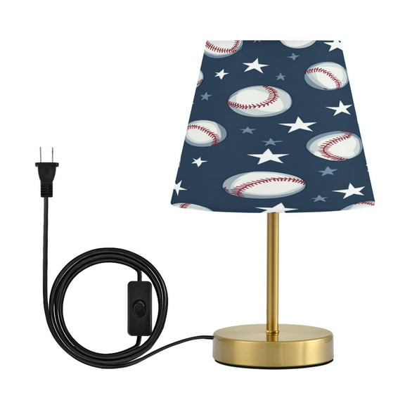 Modern Minimalist Cone Desk Lamp Antique Bronze Base & Linen Shade Bedside Table Lamp for Bedroom Living Room, Office, Dorm Baseball Stars Pattern Medium