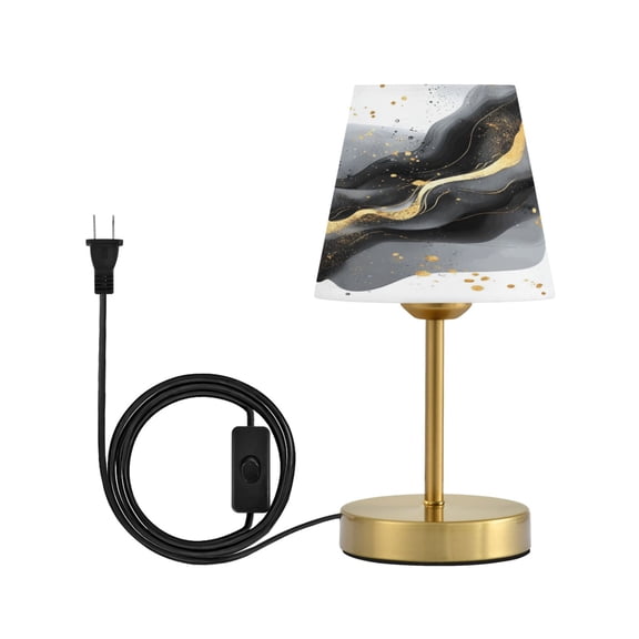 Modern Minimalist Cone Desk Lamp Antique Bronze Base & Linen Shade Bedside Table Lamp for Bedroom Living Room, Office, Dorm Black and Gold Shapes Small