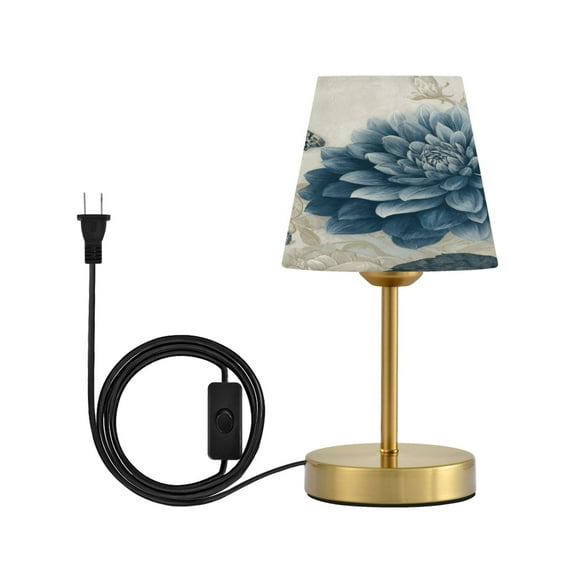 Modern Minimalist Cone Desk Lamp Antique Bronze Base & Linen Shade Bedside Table Lamp for Bedroom Living Room, Office, Dorm Blue Flower with Butterflies Small