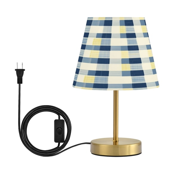 Modern Minimalist Cone Desk Lamp Antique Bronze Base & Linen Shade Bedside Table Lamp for Bedroom Living Room, Office, Dorm Blue and Yellow Gingham Medium