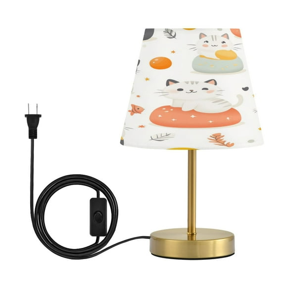 Modern Minimalist Cone Desk Lamp Antique Bronze Base & Linen Shade Bedside Table Lamp for Bedroom Living Room, Office, Dorm Cats and Fish Pattern Medium