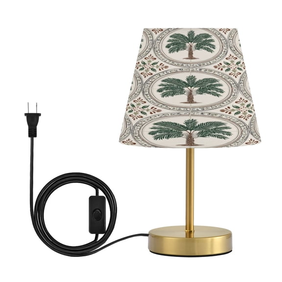 Modern Minimalist Cone Desk Lamp Antique Bronze Base & Linen Shade Bedside Table Lamp for Bedroom Living Room, Office, Dorm Circular Palm Tree Motifs Medium