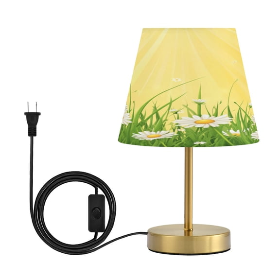 Modern Minimalist Cone Desk Lamp Antique Bronze Base & Linen Shade Bedside Table Lamp for Bedroom Living Room, Office, Dorm Daisies and Sun Rays Medium