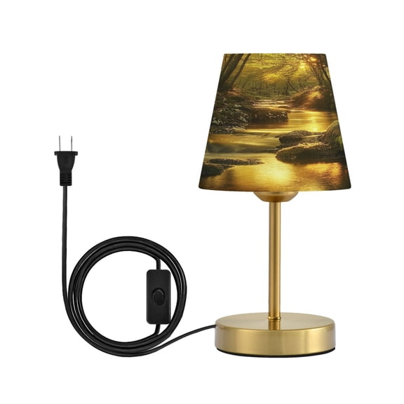 Modern Minimalist Cone Desk Lamp Antique Bronze Base & Linen Shade Bedside Table Lamp for Bedroom Living Room, Office, Dorm Forest Stream with Moss-covered Small
