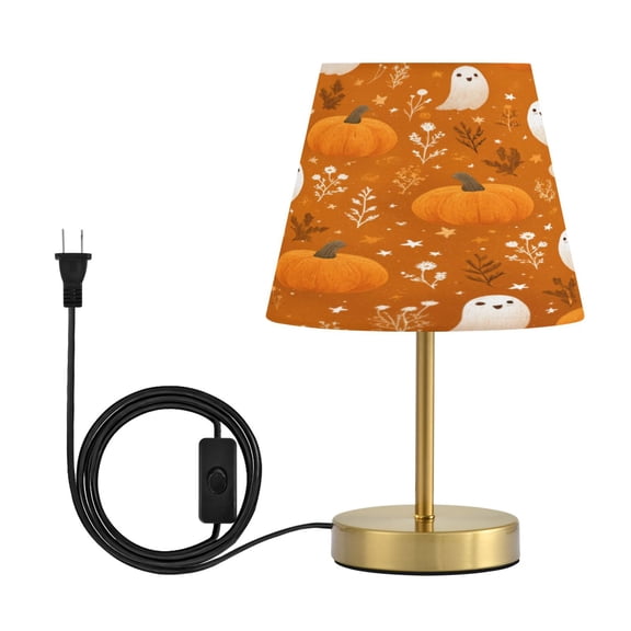 Modern Minimalist Cone Desk Lamp Antique Bronze Base & Linen Shade Bedside Table Lamp for Bedroom Living Room, Office, Dorm Fun Orange Halloween Pattern Medium