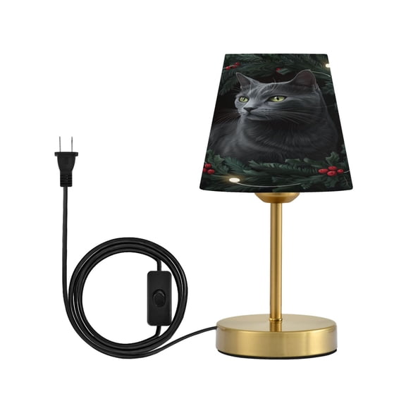 Modern Minimalist Cone Desk Lamp Antique Bronze Base & Linen Shade Bedside Table Lamp for Bedroom Living Room, Office, Dorm Gray Cat with Green Eyes Small