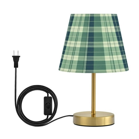 Modern Minimalist Cone Desk Lamp Antique Bronze Base & Linen Shade Bedside Table Lamp for Bedroom Living Room, Office, Dorm Green Tartan Pattern Medium