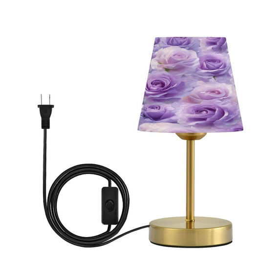 Modern Minimalist Cone Desk Lamp Antique Bronze Base & Linen Shade Bedside Table Lamp for Bedroom Living Room, Office, Dorm Light Purple Roses Pattern Small