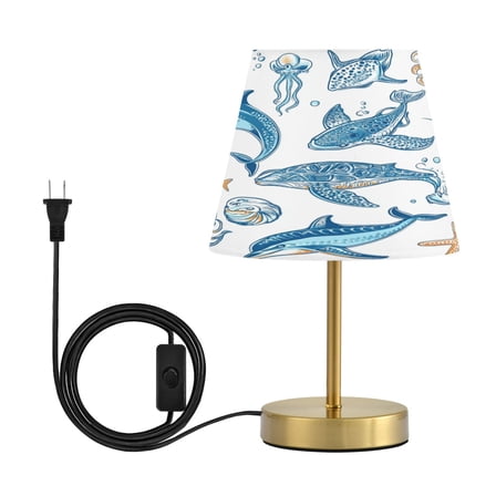 Modern Minimalist Cone Desk Lamp Antique Bronze Base & Linen Shade Bedside Table Lamp for Bedroom Living Room, Office, Dorm Ocean-themed Pattern Medium