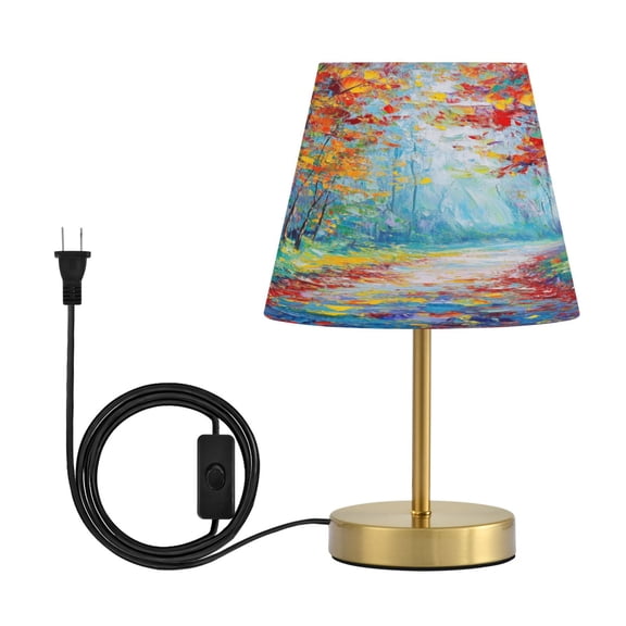 Modern Minimalist Cone Desk Lamp Antique Bronze Base & Linen Shade Bedside Table Lamp for Bedroom Living Room, Office, Dorm Orange Autumn Forest Medium