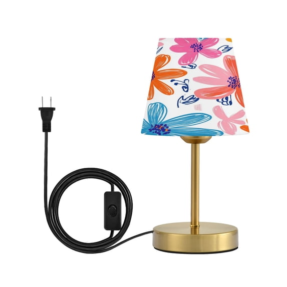 Modern Minimalist Cone Desk Lamp Antique Bronze Base & Linen Shade Bedside Table Lamp for Bedroom Living Room, Office, Dorm Orange and Pink Flower Pattern Small