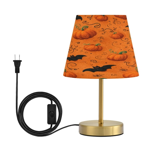 Modern Minimalist Cone Desk Lamp Antique Bronze Base & Linen Shade Bedside Table Lamp for Bedroom Living Room, Office, Dorm Orange Pumpkins and Bats Medium