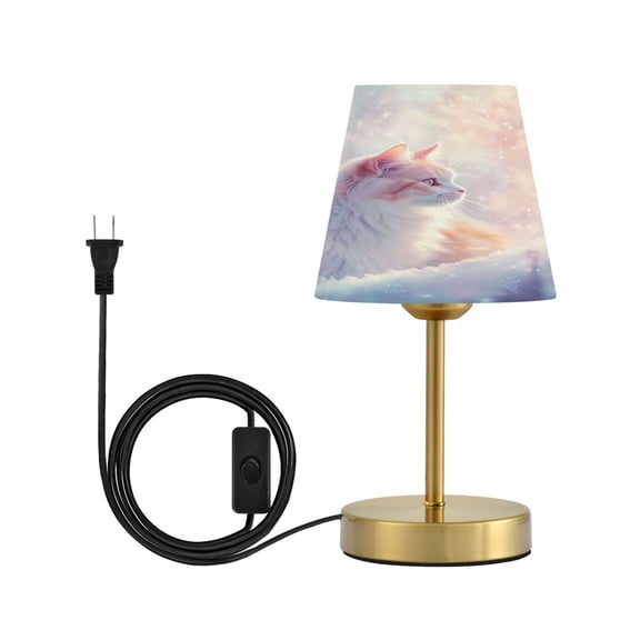 Modern Minimalist Cone Desk Lamp Antique Bronze Base & Linen Shade Bedside Table Lamp for Bedroom Living Room, Office, Dorm Pastel Beautiful Cat Small