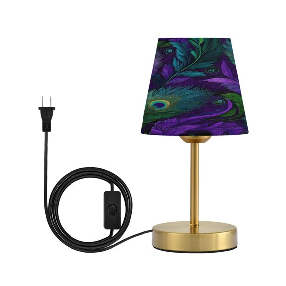 Modern Minimalist Cone Desk Lamp Antique Bronze Base & Linen Shade Bedside Table Lamp for Bedroom Living Room, Office, Dorm Peacock Feathers Pattern Small
