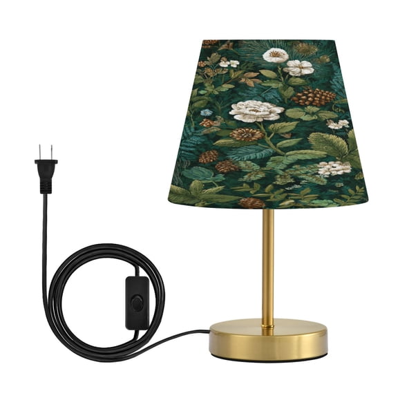 Modern Minimalist Cone Desk Lamp Antique Bronze Base & Linen Shade Bedside Table Lamp for Bedroom Living Room, Office, Dorm Pine Cones and Mossy Ferns Medium