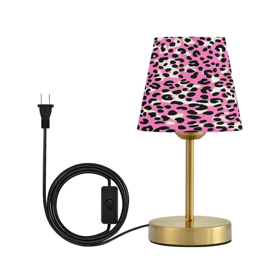 Modern Minimalist Cone Desk Lamp Antique Bronze Base & Linen Shade Bedside Table Lamp for Bedroom Living Room, Office, Dorm Pink and Black Leopard Small