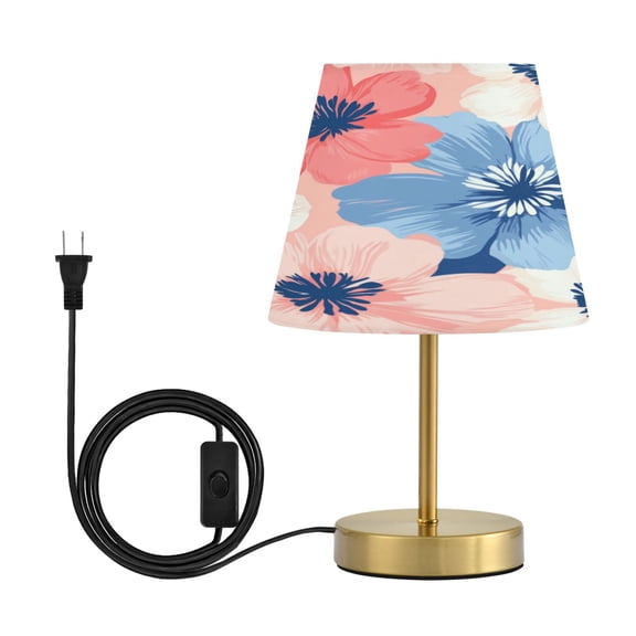 Modern Minimalist Cone Desk Lamp Antique Bronze Base & Linen Shade Bedside Table Lamp for Bedroom Living Room, Office, Dorm Pink and Blue Large Flowers Medium