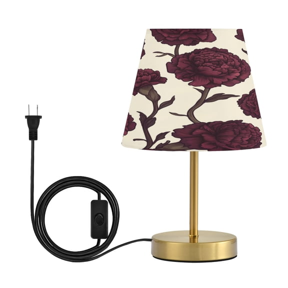 Modern Minimalist Cone Desk Lamp Antique Bronze Base & Linen Shade Bedside Table Lamp for Bedroom Living Room, Office, Dorm Red Carnations Pattern Medium