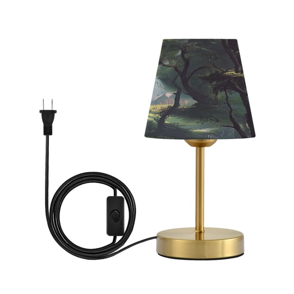 Modern Minimalist Cone Desk Lamp Antique Bronze Base & Linen Shade Bedside Table Lamp for Bedroom Living Room, Office, Dorm Village Nestled in The Forest Small