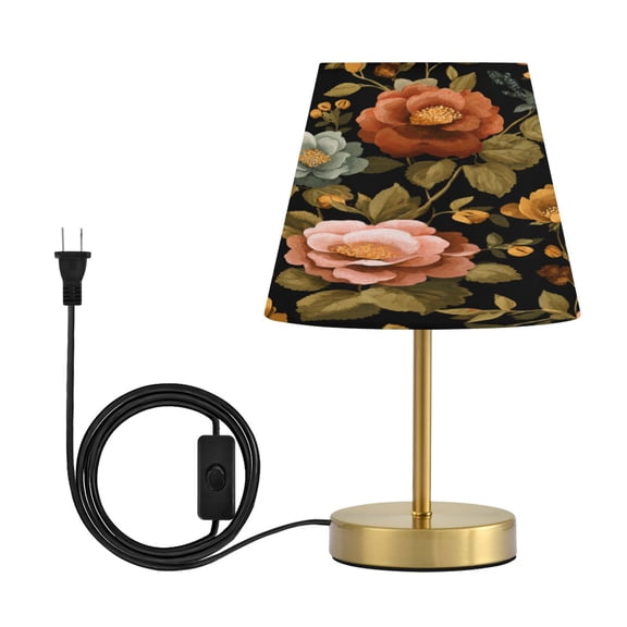 Modern Minimalist Cone Desk Lamp Antique Bronze Base & Linen Shade Bedside Table Lamp for Bedroom Living Room, Office, Dorm Vintage-inspired Floral Pattern Medium