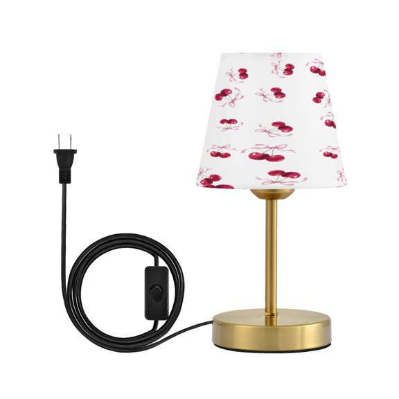 Modern Minimalist Cone Desk Lamp Antique Bronze Base & Linen Shade Bedside Table Lamp for Bedroom Living Room, Office, Dorm Watercolor Cherries Pattern Small