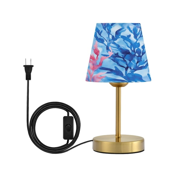 Modern Minimalist Cone Desk Lamp Antique Bronze Base & Linen Shade Bedside Table Lamp for Bedroom Living Room, Office, Dorm Watercolor Kelp Pattern Small