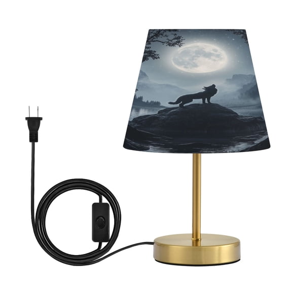 Modern Minimalist Cone Desk Lamp Antique Bronze Base & Linen Shade Bedside Table Lamp for Bedroom Living Room, Office, Dorm Wolf Howling at The Moon Medium