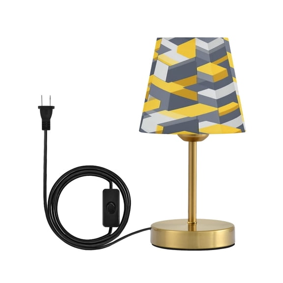 Modern Minimalist Cone Desk Lamp Antique Bronze Base & Linen Shade Bedside Table Lamp for Bedroom Living Room, Office, Dorm Yellow and Grey Cubes Small