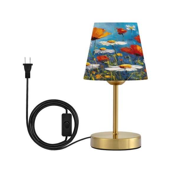 Modern Minimalist Cone Desk Lamp Antique Bronze Base & Linen Shade Bedside Table Lamp for Bedroom Living Room, Office, Dorm Abstract Floral Small