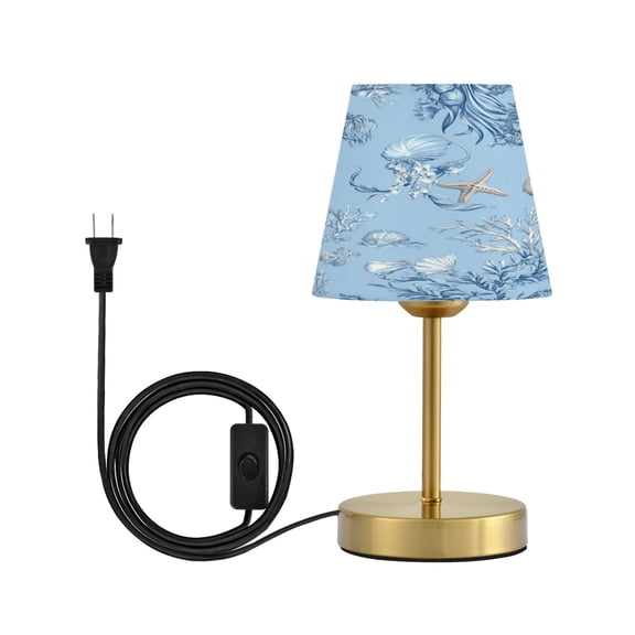 Modern Minimalist Cone Desk Lamp Antique Bronze Base & Linen Shade Bedside Table Lamp for Bedroom Living Room, Office, Dorm Blue Oceanic Scene Small