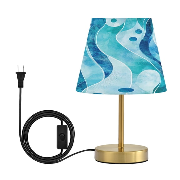 Modern Minimalist Cone Desk Lamp Antique Bronze Base & Linen Shade Bedside Table Lamp for Bedroom Living Room, Office, Dorm Blue Wavy Pattern Medium