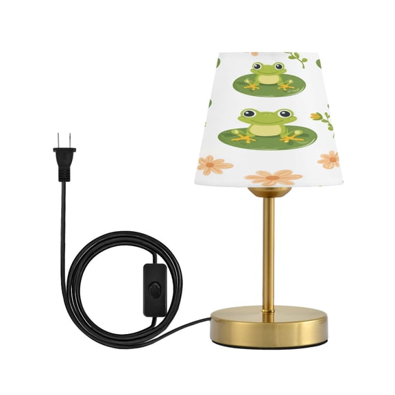 Modern Minimalist Cone Desk Lamp Antique Bronze Base & Linen Shade Bedside Table Lamp for Bedroom Living Room, Office, Dorm Cute Frog Pattern Small
