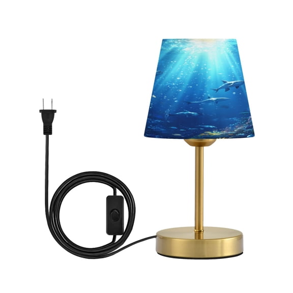 Modern Minimalist Cone Desk Lamp Antique Bronze Base & Linen Shade Bedside Table Lamp for Bedroom Living Room, Office, Dorm Deep Blue Ocean Small