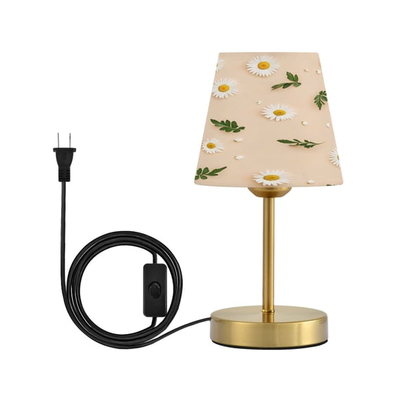 Modern Minimalist Cone Desk Lamp Antique Bronze Base & Linen Shade Bedside Table Lamp for Bedroom Living Room, Office, Dorm White Daisy Pattern Small