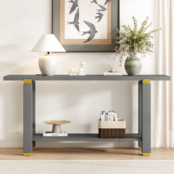 Modern Minimalist Console Table with Metal Accents, Solid Pine Legs & Built-In Shelf, 62.9" Entryway Sofa Table for Living Room & Hallway (Black/Gray/Natural Wood)