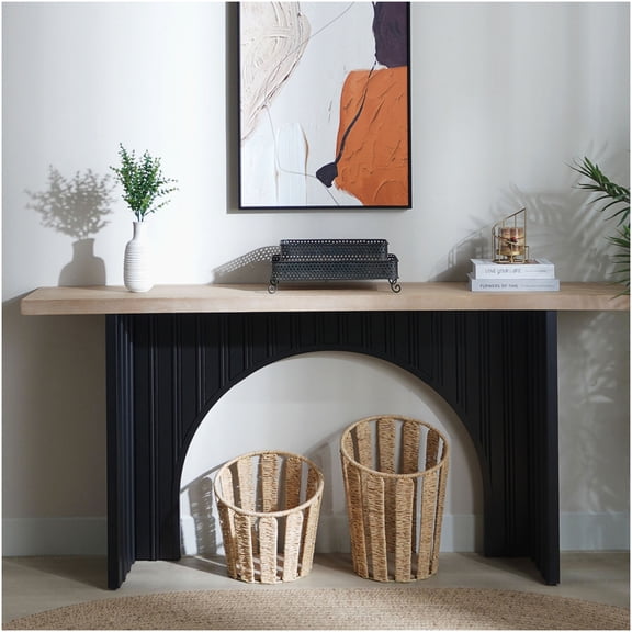 Modern Minimalist Console Table with Black Arch Base & Natural Wood Top for Entryway, Hallway or Behind Sofa