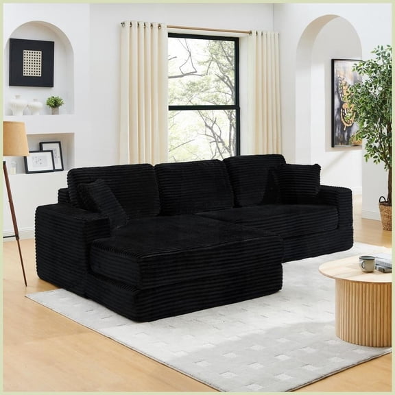 Modern Minimalist Corduroy L-Shaped Sectional Sofa - 111”W x 61”D x 28.5”H, Convertible to Bed for Living Room/Bedroom, Black
