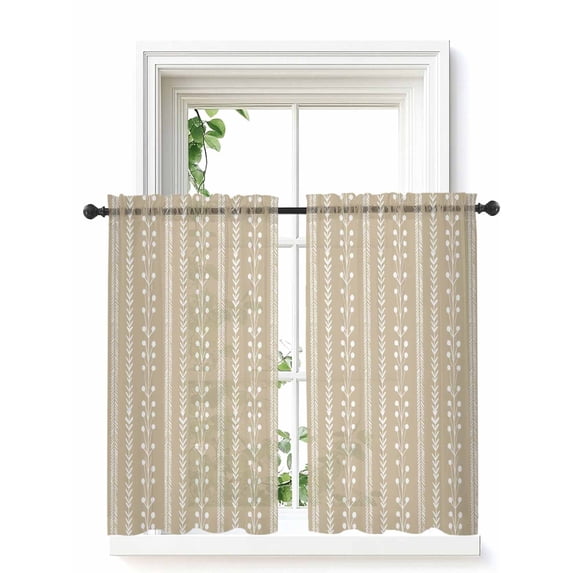 Modern Minimalist Curtains 45 Inch Length,Sheer Curtains for Bedroom Living Room Window Farmhouse Simple Lines Texture Beige Rod Pocket Drapes Kitchen Curtains Small Half Window 42"x45" 2 Panels