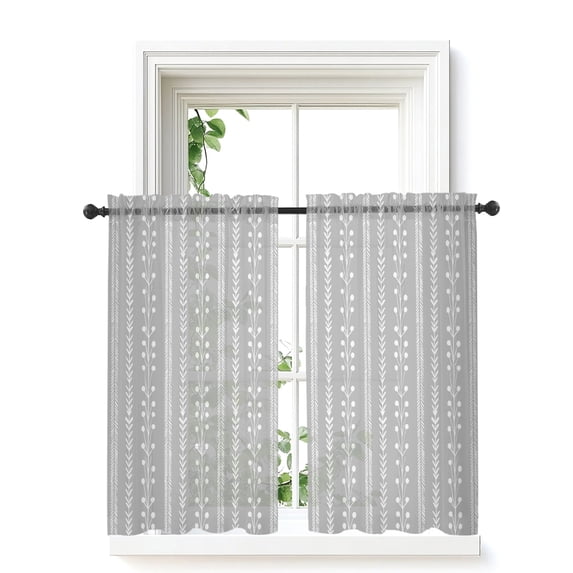 Modern Minimalist Curtains 45 Inch Length, Sheer Curtains for Bedroom Living Room Window Rustic Botanical Stripes Boho Gray Rod Pocket Voile Drapes Kitchen Curtains Small Half Window 42"x45" 2 Panels