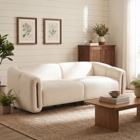 Modern Minimalist Curved Block Sofa with Wide Armrests, Upholstered 3-Seater Low Profile Couch for Living Room Beige