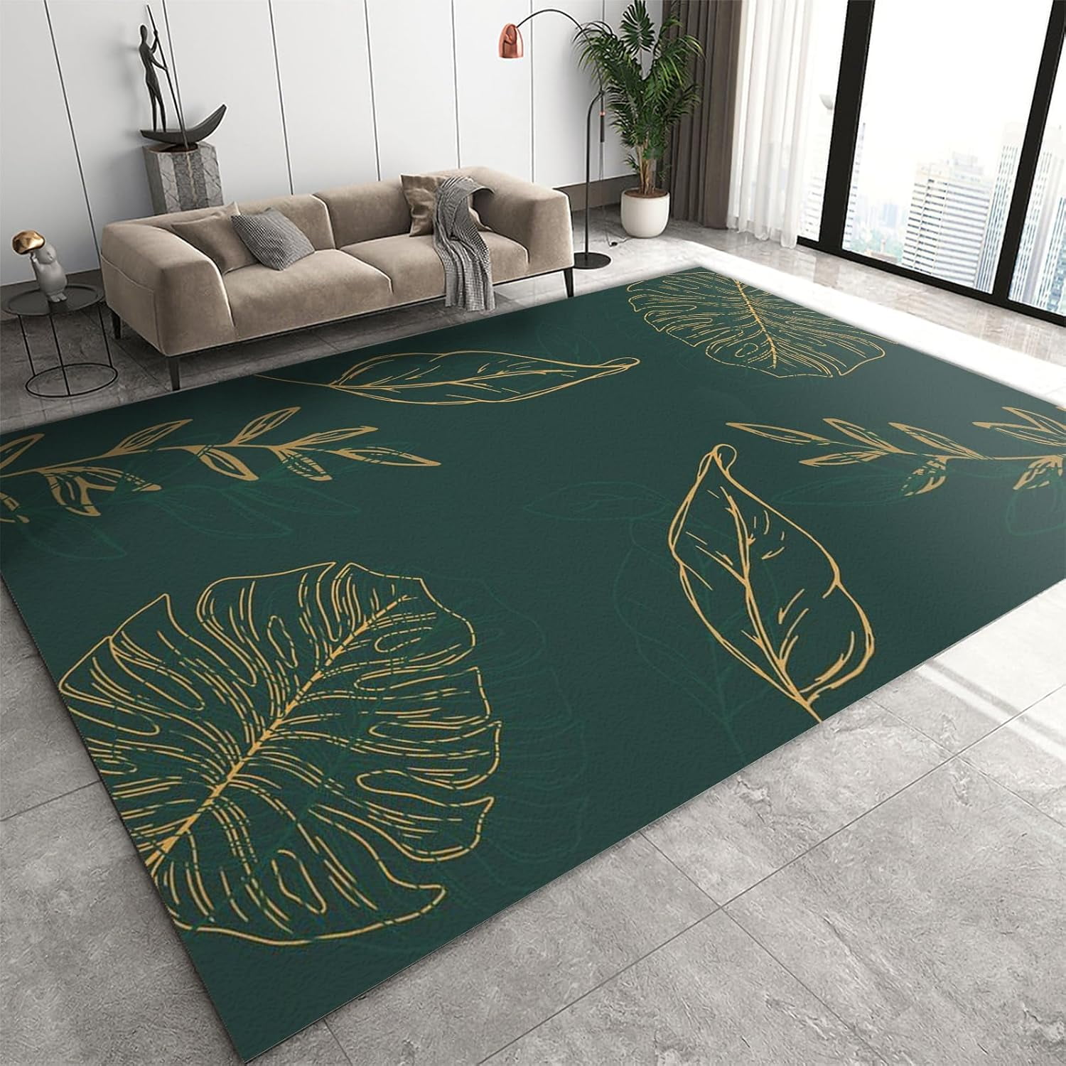 Modern Minimalist Dark Green Rug Golden Tropical Leaves Room Rug, Soft ...