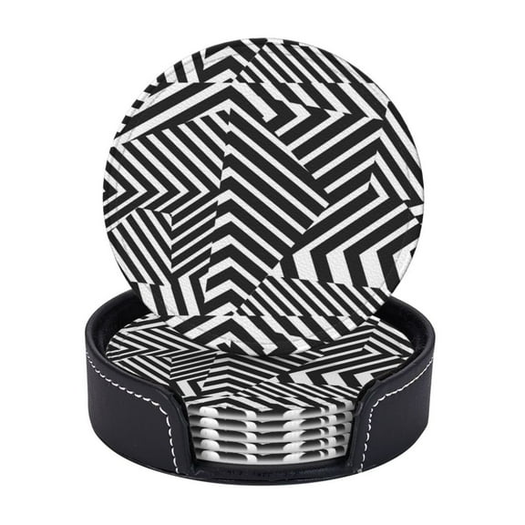 Modern Minimalist Dazzle Black And White Stripes Coasters With Leather Holder Set Of 6 Round Coasters for Home and Kitchen Decor