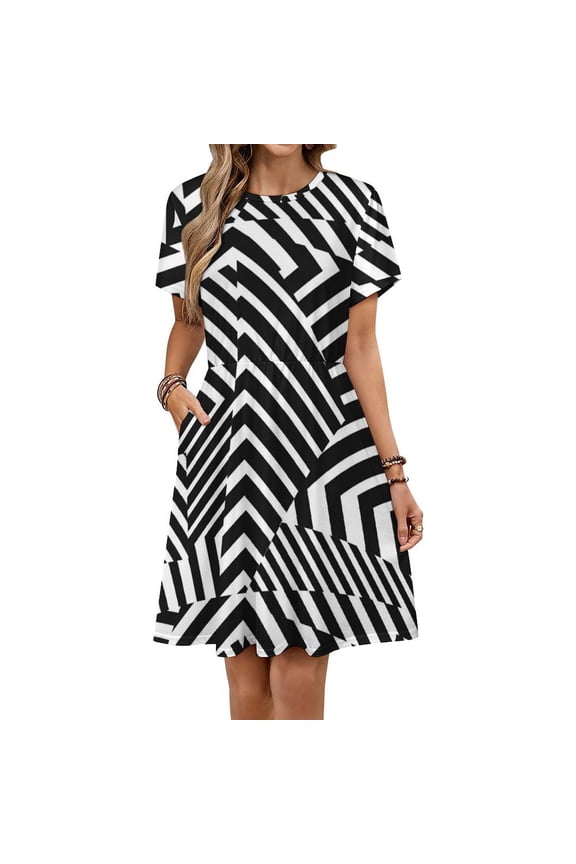 Modern Minimalist Dazzle Black And White Stripes Women's Dress Short Sleeve Summer Sundress Summer Women Clothes