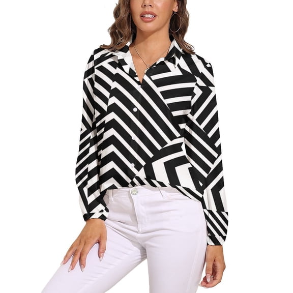 Modern Minimalist Dazzle Black And White Stripes Long Sleeve Blouse Woman Streetwear Casual Shirts Summer Oversize Woman Streetwear Clothing Birthday Present