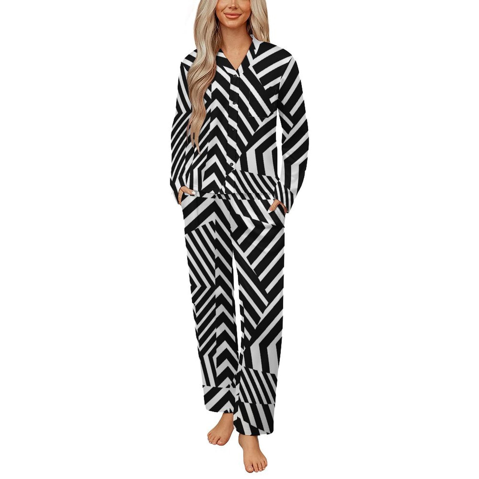 Button Pyjamas Modern Minimalist Dazzle Black And White Stripes Womens Pyjamas Set ...