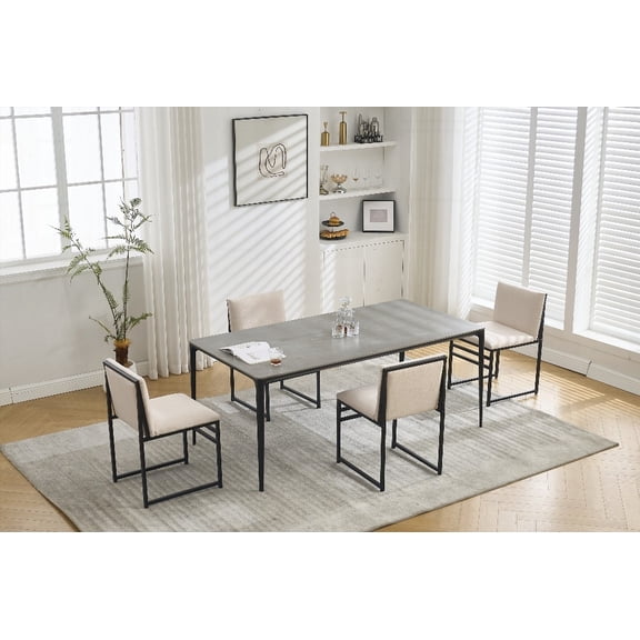 Modern Minimalist Dining Chairs Set of 2 - Upholstered in Linen with Metal Base