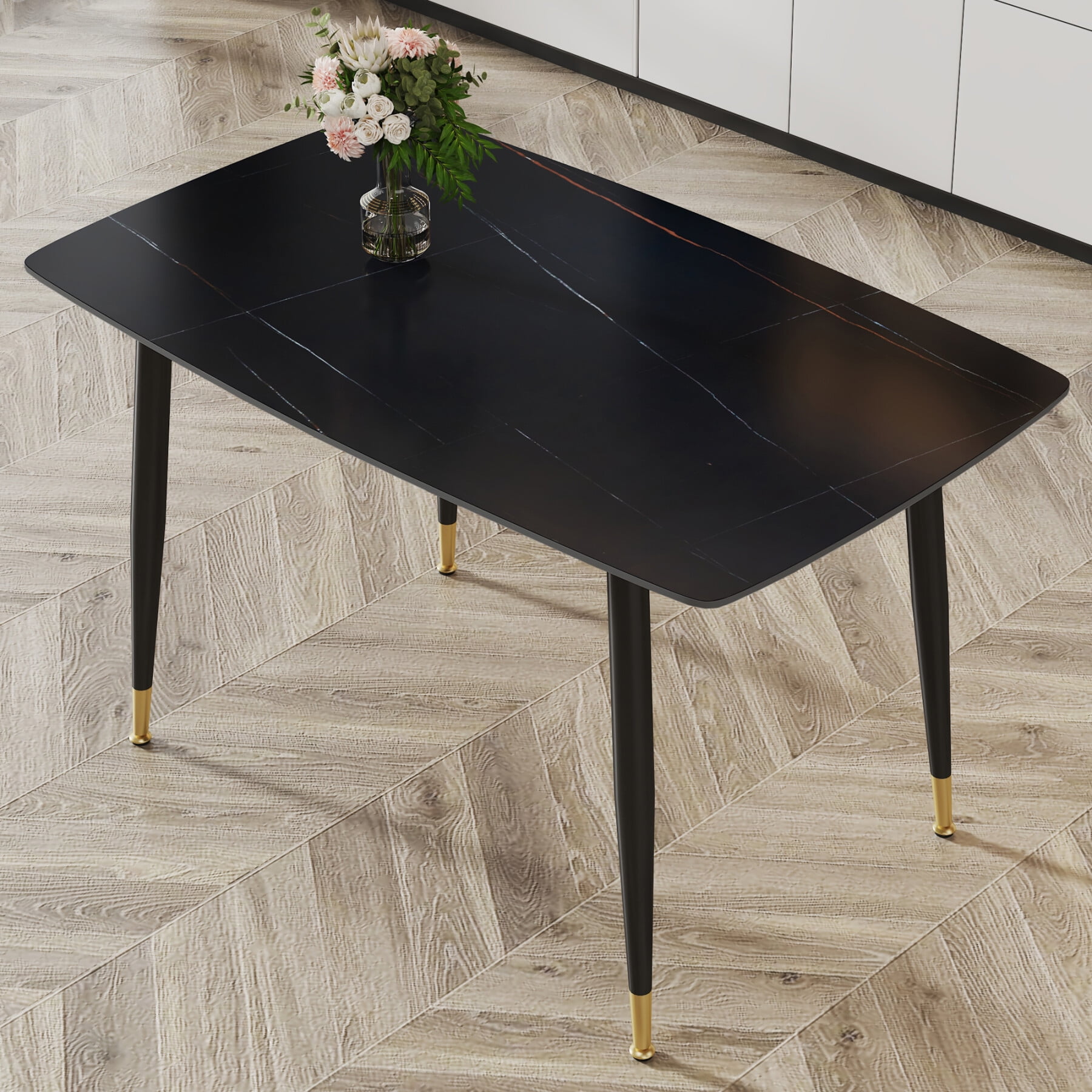 Modern Minimalist Dining Table, Black Sintered Stone Top Kitchen Table