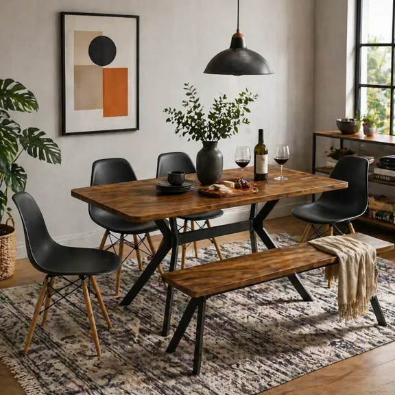 Modern Minimalist Dining Table, Ketchen Table with Shelf, Rectangular Table for Dining Room, Office Table, Walnut
